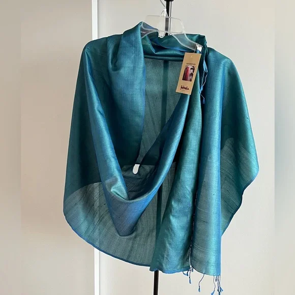 NWT Fabindia Handwoven 100% Silk Wrap Dupatta Stole Scarf Turquoise Teal Blue